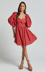 Amalie The Label - Penelopia Linen Look Blend Puff Sleeve Twist Bodice Mini Dress - In Vermilion