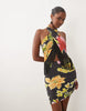 Halter Fringed Print Floral Mini Dress In Black