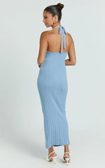 Julie Midi Dress - Halter Neck Button Front Dress in Blue