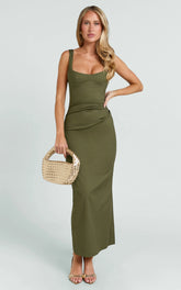 Benita Midi Dress - Scoop Neck Ruched Fitted Dress in Olive