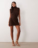 Ruched & Ready Sculpted High Neck Drape Front Mini Dress In Chocolate