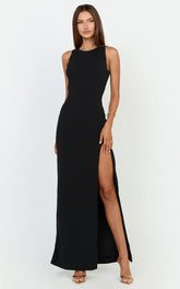 Tonya Maxi Dress - High Neck Cross Back Bodycon Dress in Black