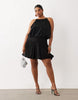 Curve Satin High Neck Drop Waist Flippy Mini Dress In Black