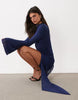 Mesh Mini Bodycon High Neck Long Sleeve Ruched Dress With Exaggerated Sash Detail In Navy