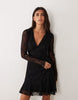 New Look Lace V Neck Long Sleeve Mini Dress In Black
