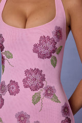 Embellished Halterneck Mini Dress in Soft Pink