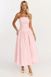 Louisa Midi Dress - Strapless Side Ruched Dropped Waist Fit And Flare Dress in Pink