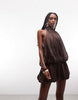Halter Neck Layered Bubble Satin Mini Dress In Chocolate