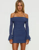 Princess Polly Taylon Mesh Bardot Halterneck Detail Flare Sleeve Mini Dress In Blue