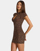 Oh Polly Printed Mesh Mandarin Collar Cap Sleeve Bodycon Mini Dress In Leopard