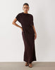 Fallen Shoulder Slinky Midi Dress In Chocolate