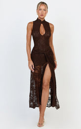 Nyla Midi Dress - Sleeveless Collared Keyhole Lace Hip Tie Dress in Chocolate