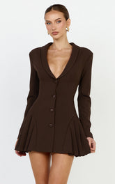Bea Mini Dress - Collared Long Sleeve Fit And Flare Pleated Dress in Dark Chocolate