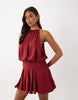 Satin High Neck Drop Waist Flippy Mini Dress In Cherry Red