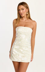 Zola Mini Dress - Strapless A Line Sequin Dress in Pearl