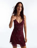 Bershka Rhinestone Mesh Mini Dress In Burgundy
