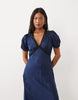 Nobody'S Child Petite Nicolette Satin Jacquard Lace Detail Plunge Neck Cap Sleeve Midi Dress In Navy