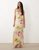 Floral Printed Sweetheart Neck Mesh Fishtail Maxi Dress In Buttermilk