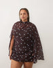 Curve High Neck Drape Front Extreme Cape Sleeve Mini Dress In Brown Polka Dot