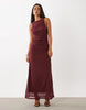 Mesh Slash Neck Gathered Detail Maxi Dress In Burgundy