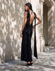 Crepe Scarf Detail With Plunge Back In Black In Scuba-Style Fabric