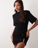 Ruched & Ready Sculpted Shoulder Pad Detail Gold Hardware Mini T-Shirt Dress In Black