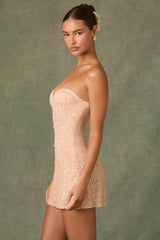 Embellished Sweetheart-Neck A-Line Mini Dress in Apricot