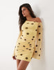 Printed Mesh Off Shoulder Mini Dress With Angel Sleeve In Lemon Polka Dot