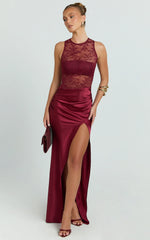 Reeves Maxi Dress - Contrast Lace High Neck Fitted Satin Dress in Wine