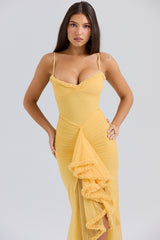 apricot ruffled front gown