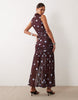 Printed Polka Dot Ruched Drop Waist Circle Dress With Grown In Neck In Burgundy