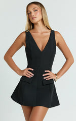 Zareena Mini Dress - V Neck Structured Tulip Pocket Detail Dress in Black