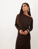 Slash Neck Long Sleeve Blouson Midi Dress In Chocolate