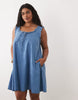Curve Denim Frill Detail Mini Dress With Pockets In Mid Blue