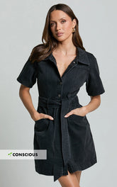Aelicia Mini Dress - Button Through Denim Dress in Washed Black