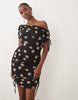 Printed Mesh Asymmetric Ruched Side Detail Mini Dress In Mono Spot Print