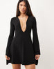 Slinky Flute Sleeve Flippy Mini Dress With Deep Plunge In Black