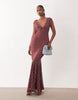 Mesh Off Shoulder Maxi Dress With Fishtail Skirt In Pink Polka Dot Print