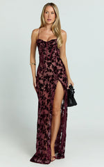 Violeta Maxi Dress - Corset Front Burnout Dress in Wine
