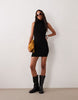 Varigated Knit Rib Sleeveless Funnel Neck Mini Dress In Black