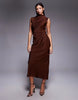 Satin High Neck Pleated Bodice Midi Dress In Brown