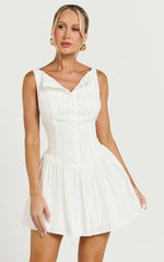 Zhai Mini Dress - High Neck Button Through Dress in Ivory