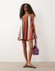Cotton Linen Bandeau Mini Sundress In Orange And Pink Sunset Stripe