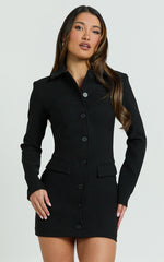 Belle Mini Dress - High Neck Collar Long Sleeve Button Front Fitted Shirtdress in Black