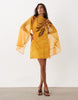 High Neck Drape Front Extreme Cape Sleeve Mini Dress In Yellow Placement Floral Print
