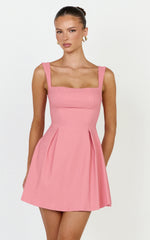 Ida Mini Dress - Wide Strap Straight Neck Bow Back Dress in Pink