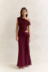 Modernity Mesh Off Shoulder Maxi Dress Burgundy