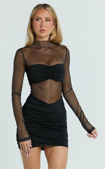 Zoe Mini Dress - Long Sleeve Mesh Dress in Black