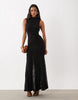 High Neck Slinky Maxi Dress With Lace Godets And Open Back In Black