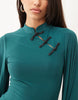 Sculpting Mandarian Detail High Neck Mini Dress With Exaggerated Sleeve In Teal